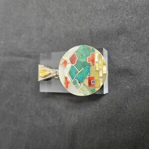 Peruvian Handcrafted Pendant 950 Silver Stone Mountain Landscape Turquoise MOP